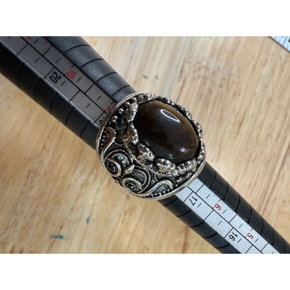 Tigers Eye Gemstone Ring With Intricate Silver-Tone Filigree Design Size 8 - Picture 9 of 13